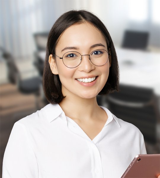 smiling female consultant with glasses
